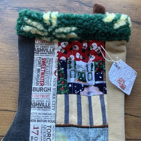 Christmas Stocking Quilted Patchwork Fabric Train Travel NEW 15” Handmade - Picture 3 of 5